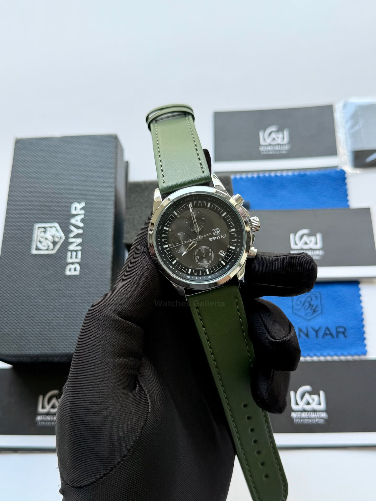 Benyar BY5210 (Grey Green) Pilot Chronograph Green Dial Stainless Steel Watch – 42mm Quartz Chronograph with Date, Complete Calendar & Stopwatch