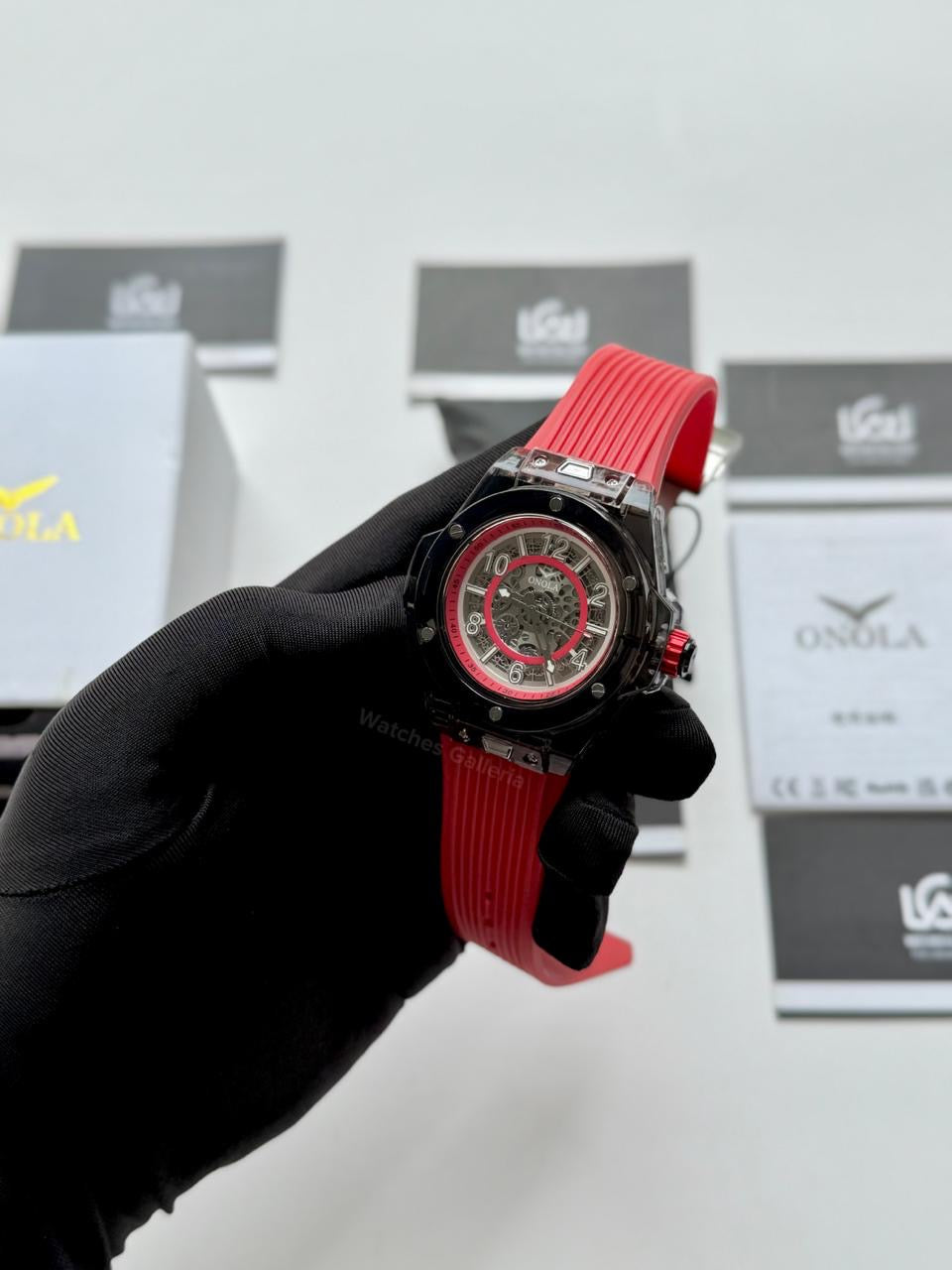 Onola ON3836 Oak Skeleton Red Black Automatic Watch – 49mm Transparent Dial, Bold Sport Design, Pakistan Edition