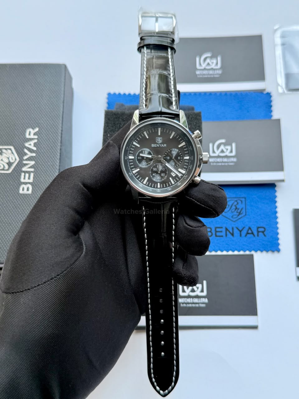 Benyar BY5213 Black Men’s Luxury Quartz Leather Strap Watch – Waterproof Stainless Steel Analog Wrist Watch with Luminous Hands | Original Benyar Pakistan | Watches Galleria