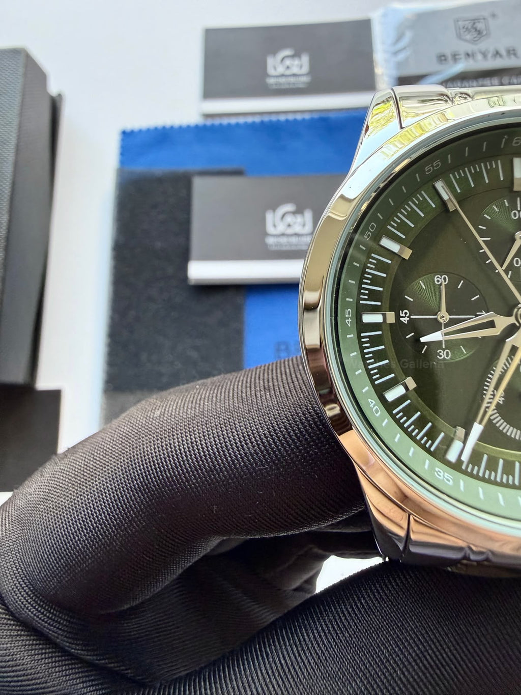 Benyar BY5210 (Green SS) Pilot Chronograph Green Dial Stainless Steel Watch – 42mm Quartz Chronograph with Date, Complete Calendar & Stopwatch