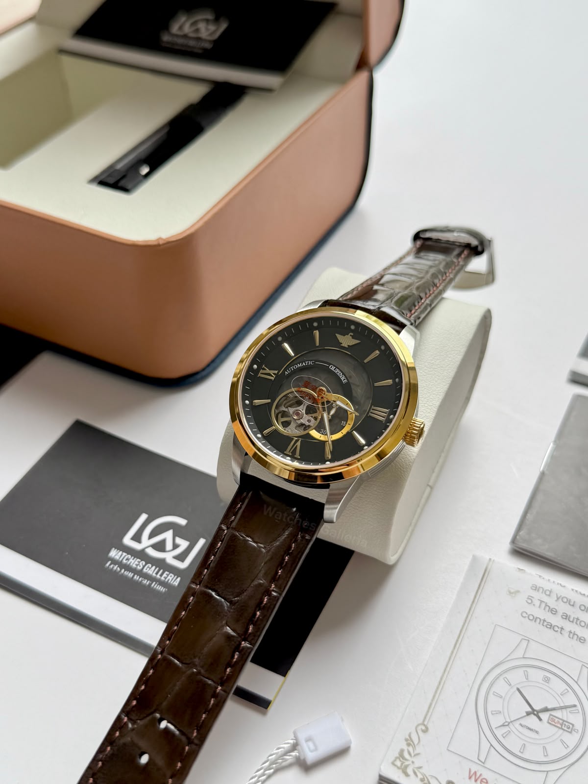 Oupinke G3190 (Brown Leather) Open Heart Automatic Watch with Miyota 8215 Japanese Movement, Sapphire Crystal, Luminous Dial & Black Leather Strap