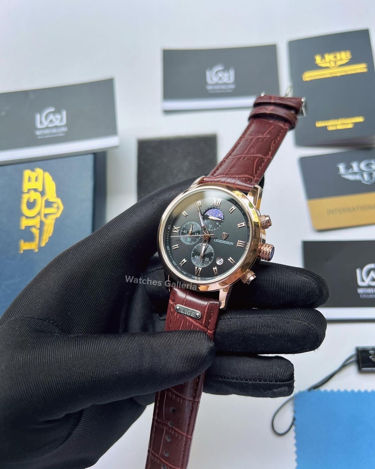 Lige Moonphase Watch (Rose Gold Black) LG8953 Watches Galleria