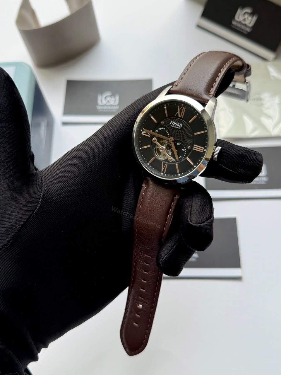 Fossil Townsman Automatic Men’s Watch 45mm Black Dial Silver-Tone Stainless Steel Case Brown Leather Strap ME3061