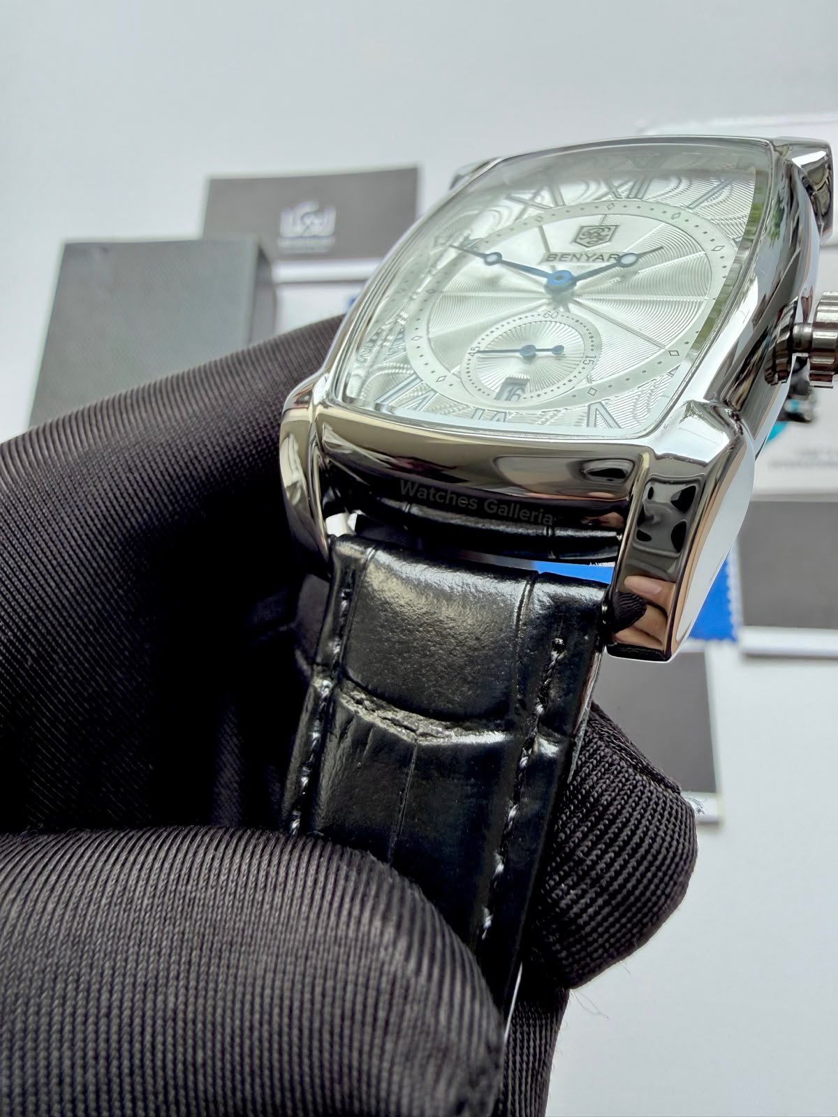 Benyar BY5114 Square Tank Watch Silver Black Roman Numeral Dial Master Lock Quartz Date Calendar Leather Strap