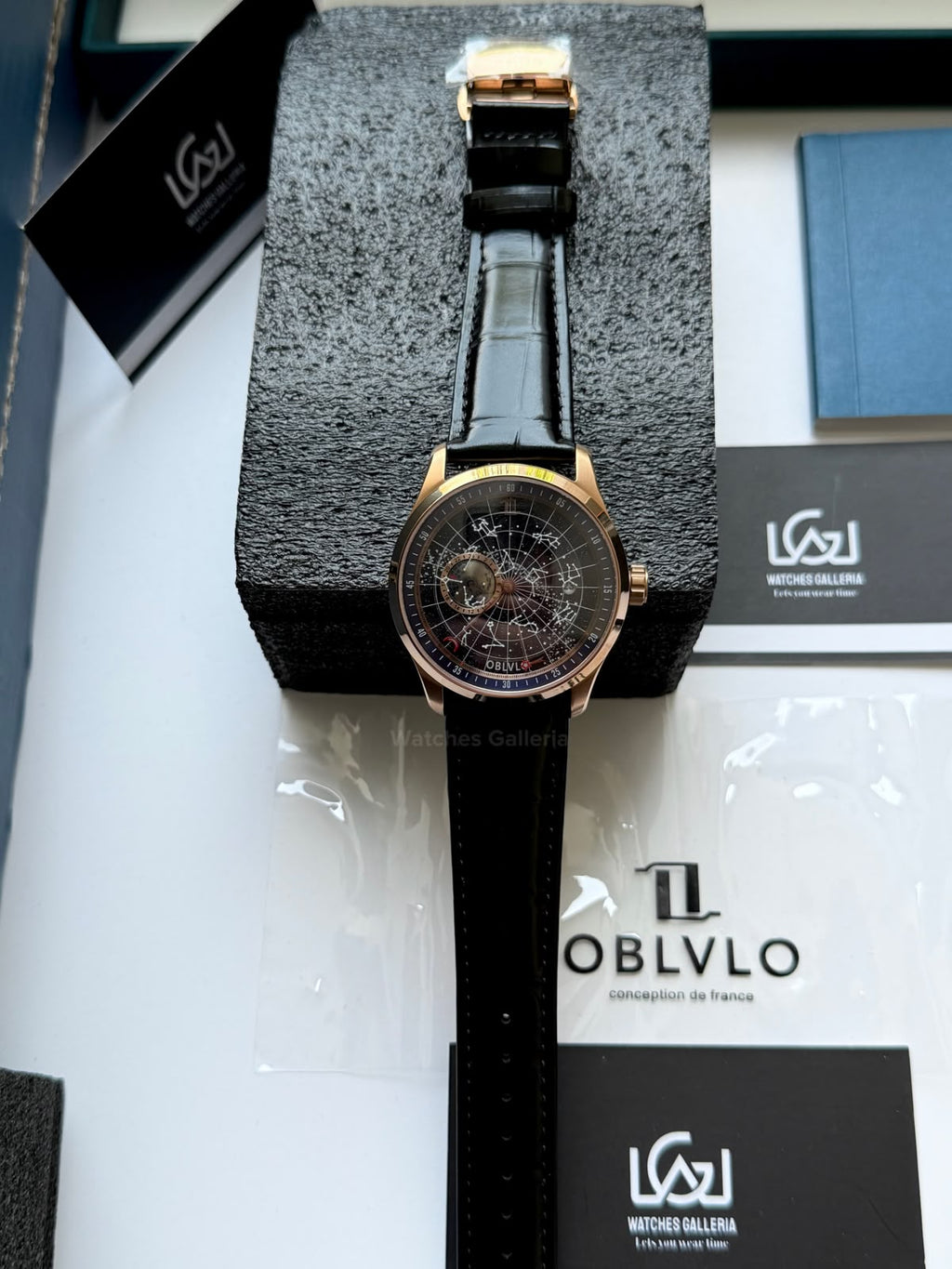 OBLVLO GC (Black Rose Gold Blue) Grand Complications Celestial Automatic Watch Brown & Black Dial with Rose Gold Details, Moving Constellation & Earth Display – OBLVLOGC