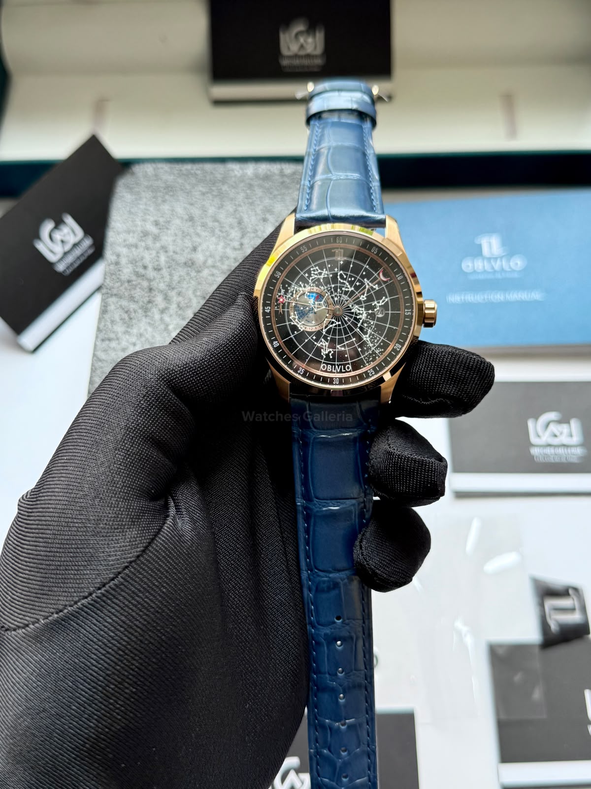OBLVLO GC (Blue Rose Gold Black) Grand Complications Celestial Automatic Watch Brown & Black Dial with Rose Gold Details, Moving Constellation & Earth Display – OBLVLOGC | Oblvlo