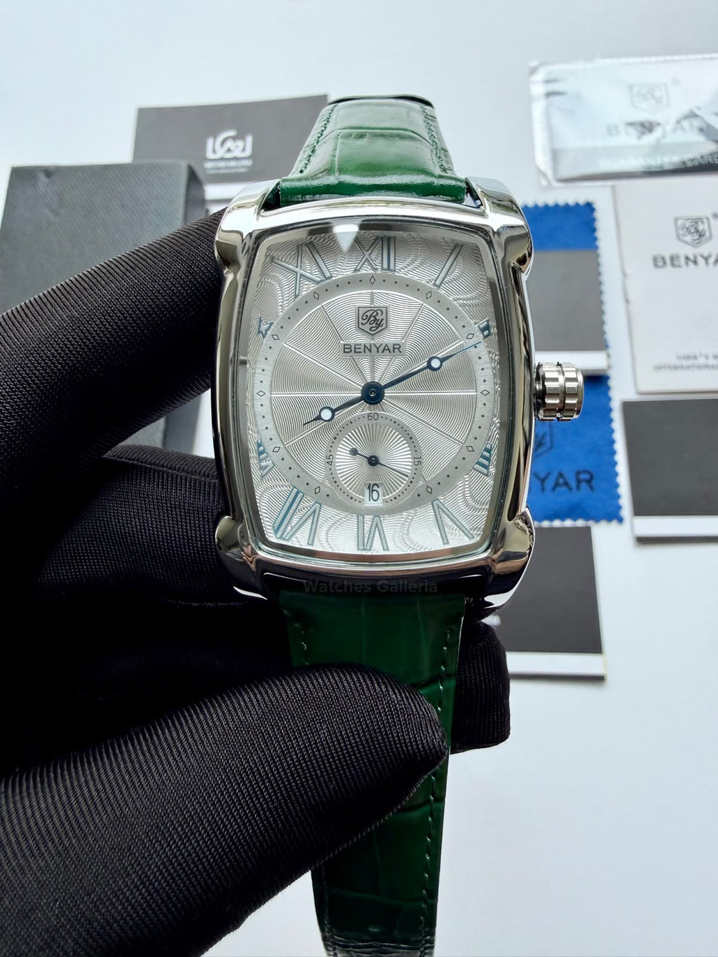 Benyar BY5114 Square Tank Watch | Green Silver White | Roman Numeral Dial Master Lock Quartz Date Calendar Leather Strap