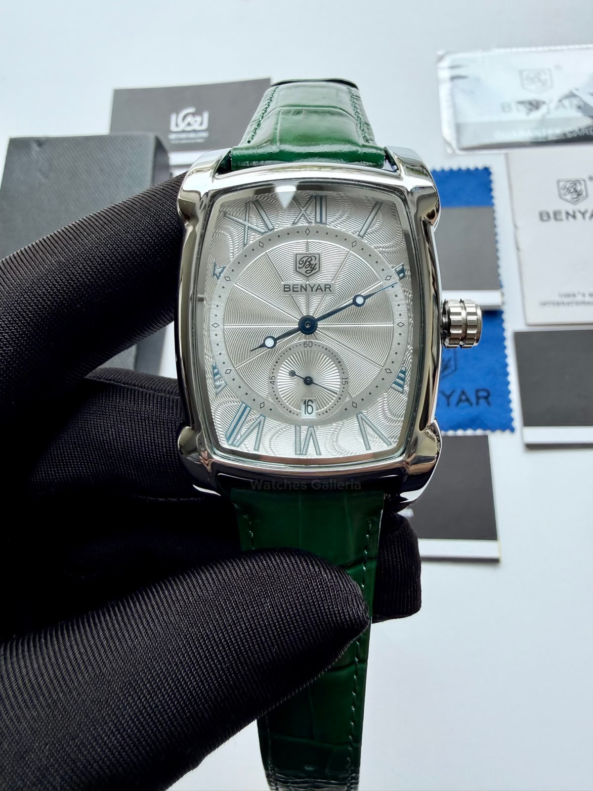 Benyar BY5114 Square Tank Watch | Green Silver White | Roman Numeral Dial Master Lock Quartz Date Calendar Leather Strap