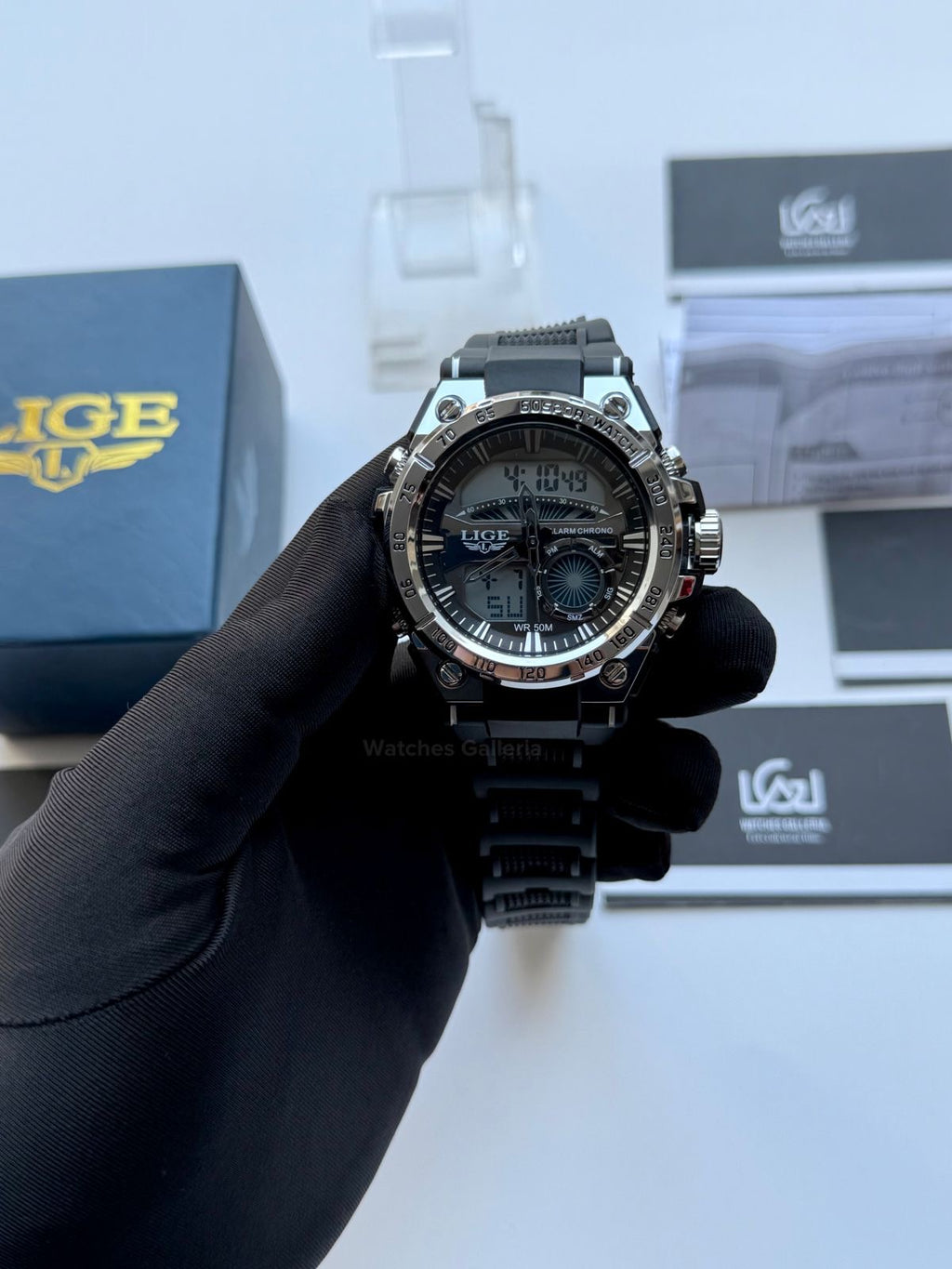 Lige 8922 Sports Watch Silver Black 45mm Dual Display Analog Digital LED Alarm Waterproof 50M Silicone Strap Men’s Watch