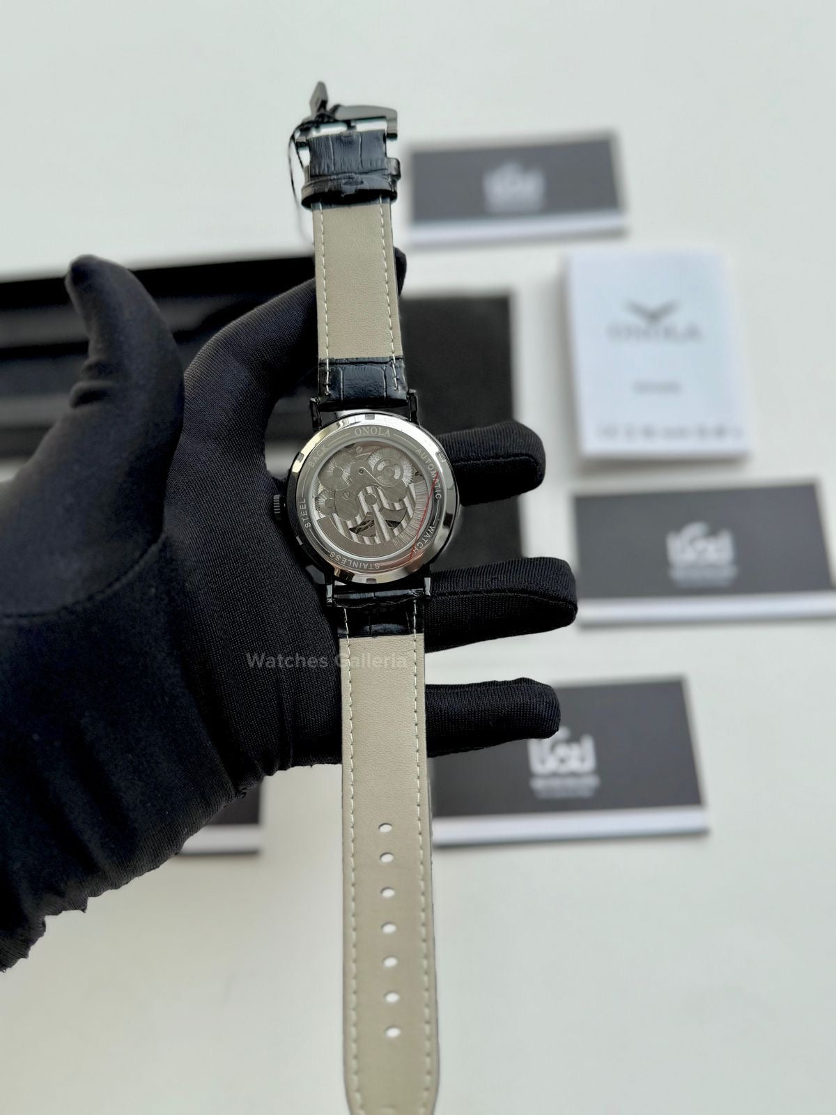 Onola Moonphase Flywheel Skeleton Watch Automatic (Black) ON6836 Watches Galleria
