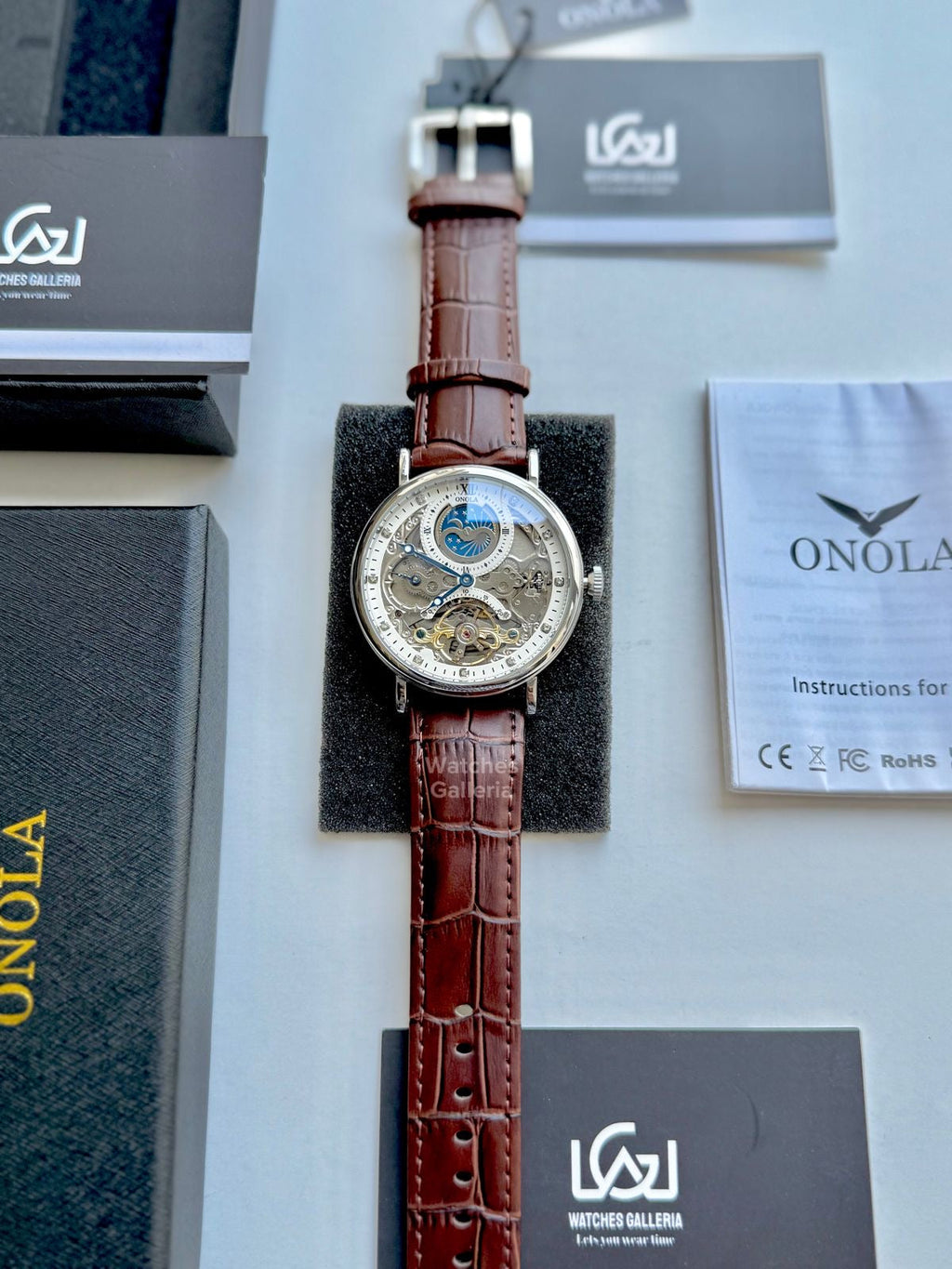 Onola Moonphase Flywheel Skeleton Watch Automatic (Brown-Silver) ON6836 Watches Galleria