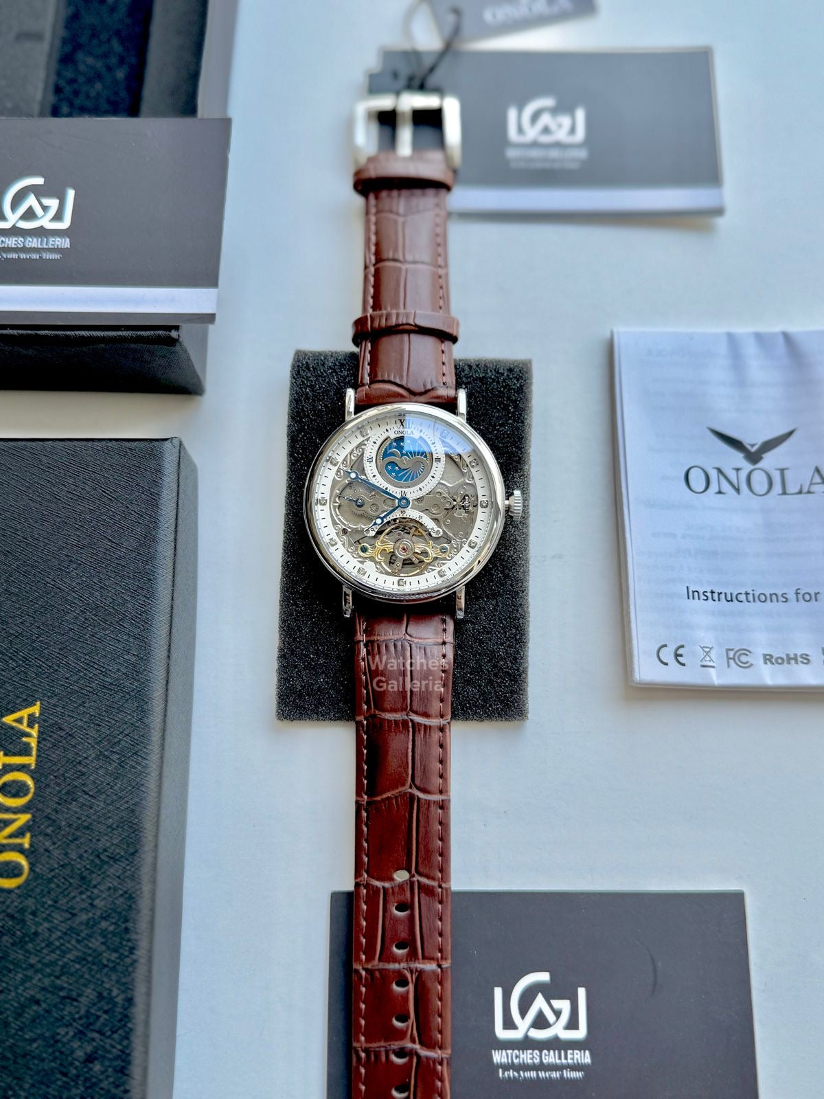 Onola Moonphase Flywheel Skeleton Watch Automatic (Brown-Silver) ON6836 Watches Galleria