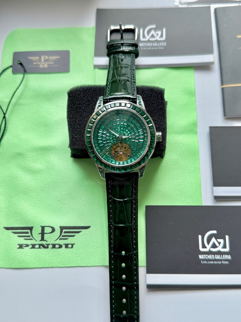 Pindu 5037 Green Diamonds Hand Encrusted Diamond Automatic Tourbillon Watch for Men | Luxury Mechanical Watch | 43mm Stainless Steel Case