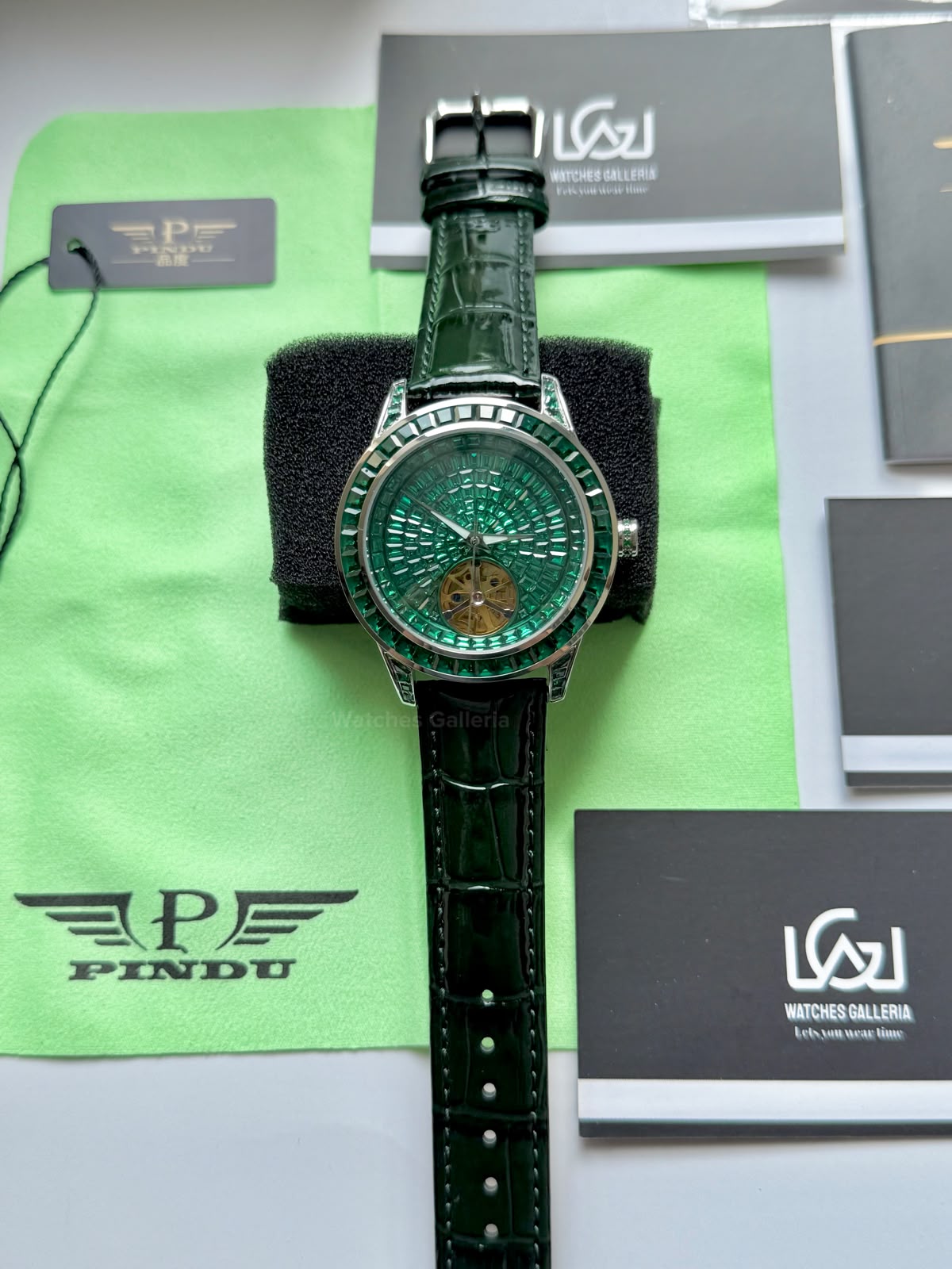 Pindu 5037 Green Diamonds Hand Encrusted Diamond Automatic Tourbillon Watch for Men | Luxury Mechanical Watch | 43mm Stainless Steel Case