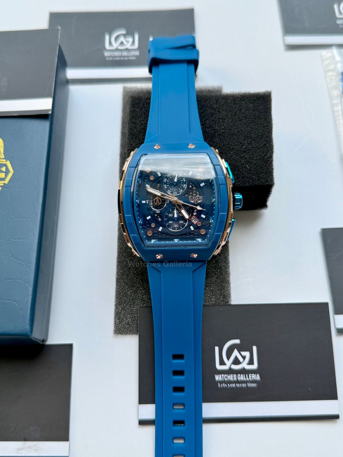 LIGE LG89148 Blue Tonneau Chronograph Watch in Pakistan – Luxury Men’s Quartz Watch with Silicon Strap