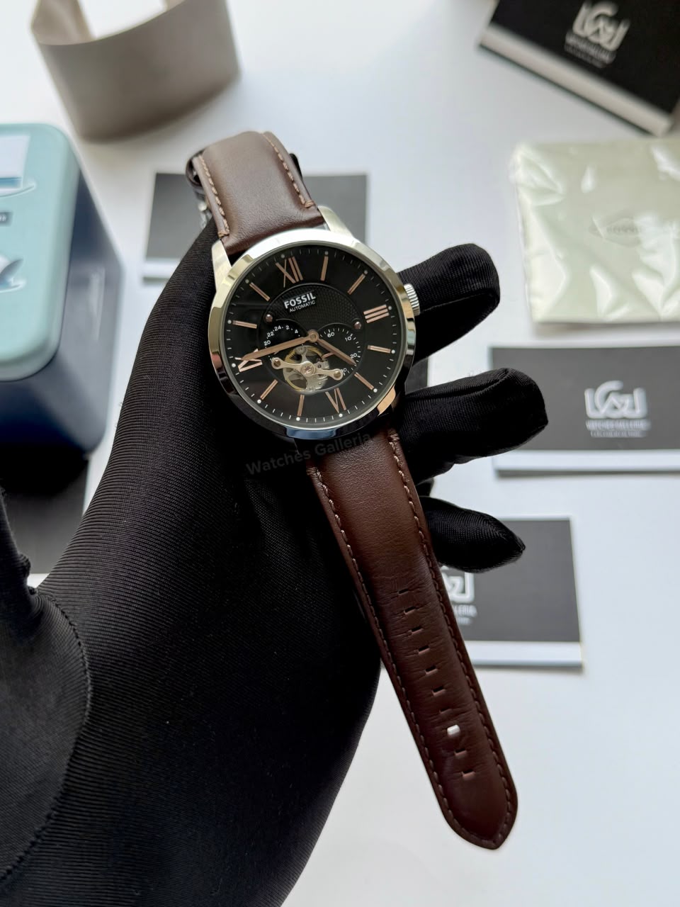 Fossil Townsman Automatic Men’s Watch 45mm Black Dial Silver-Tone Stainless Steel Case Brown Leather Strap ME3061