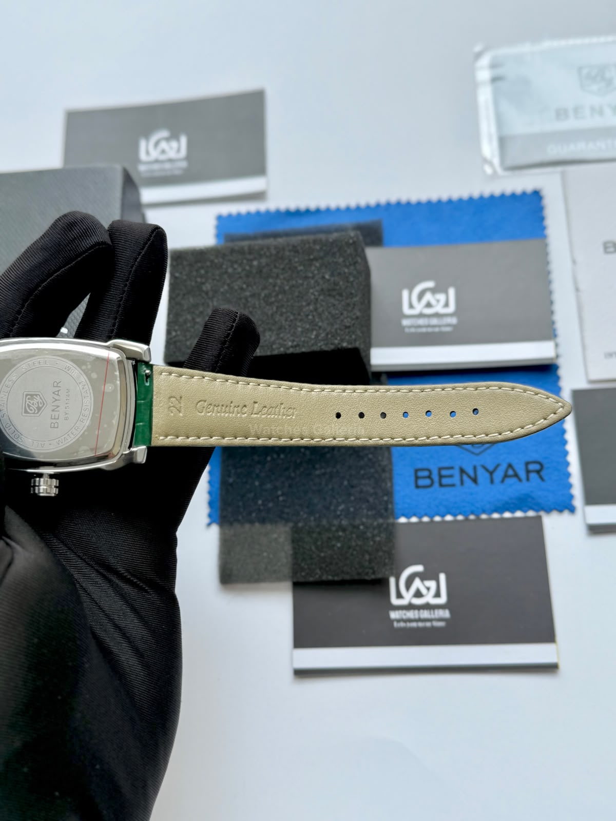 Benyar BY5114 Square Tank Watch | Green Silver White | Roman Numeral Dial Master Lock Quartz Date Calendar Leather Strap