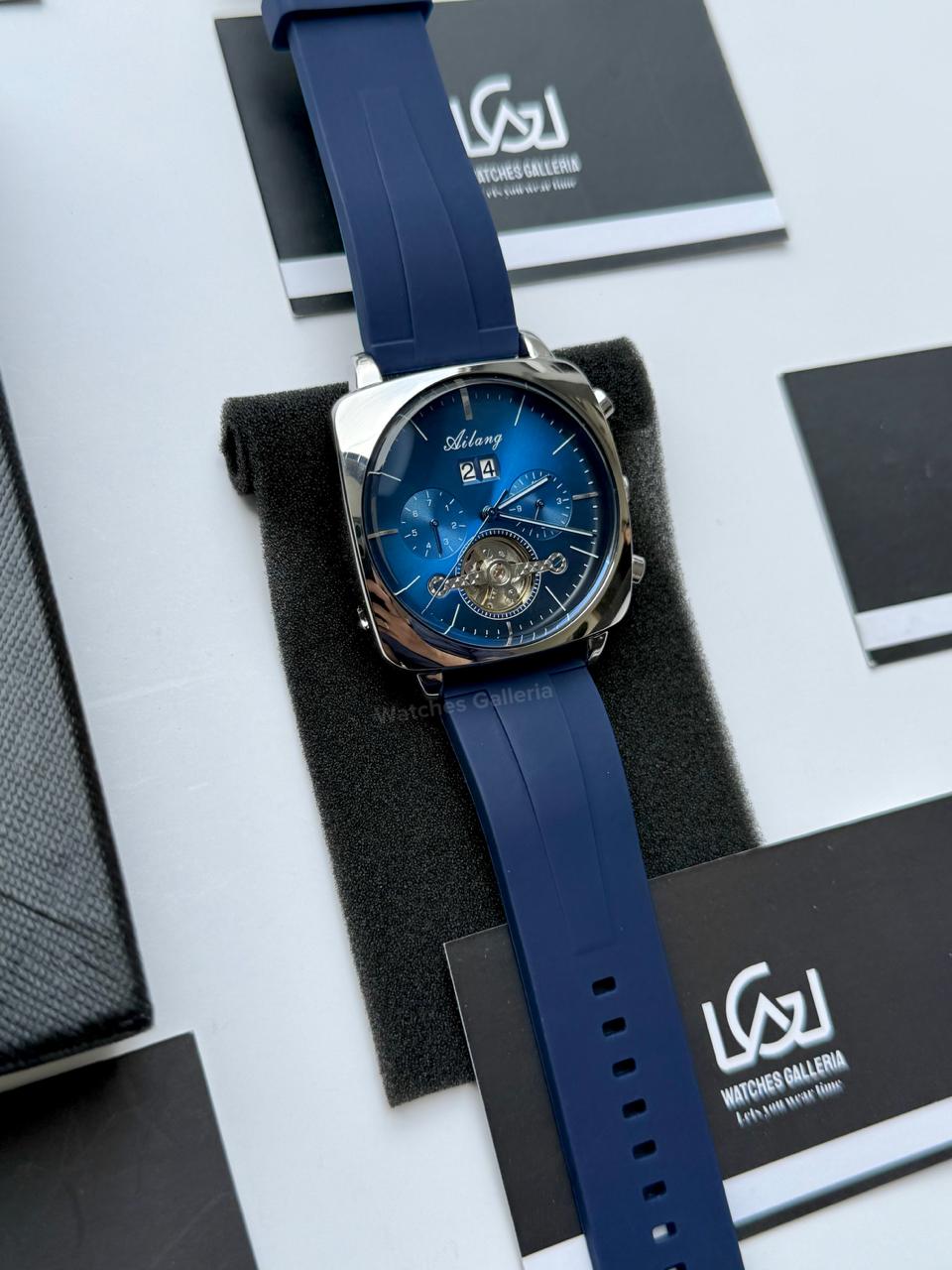 Ailang AI8655G Square Chronograph Automatic Watch Black Blue – Skeleton Flywheel, Big Date, Luxury Square Dial Men’s Watch