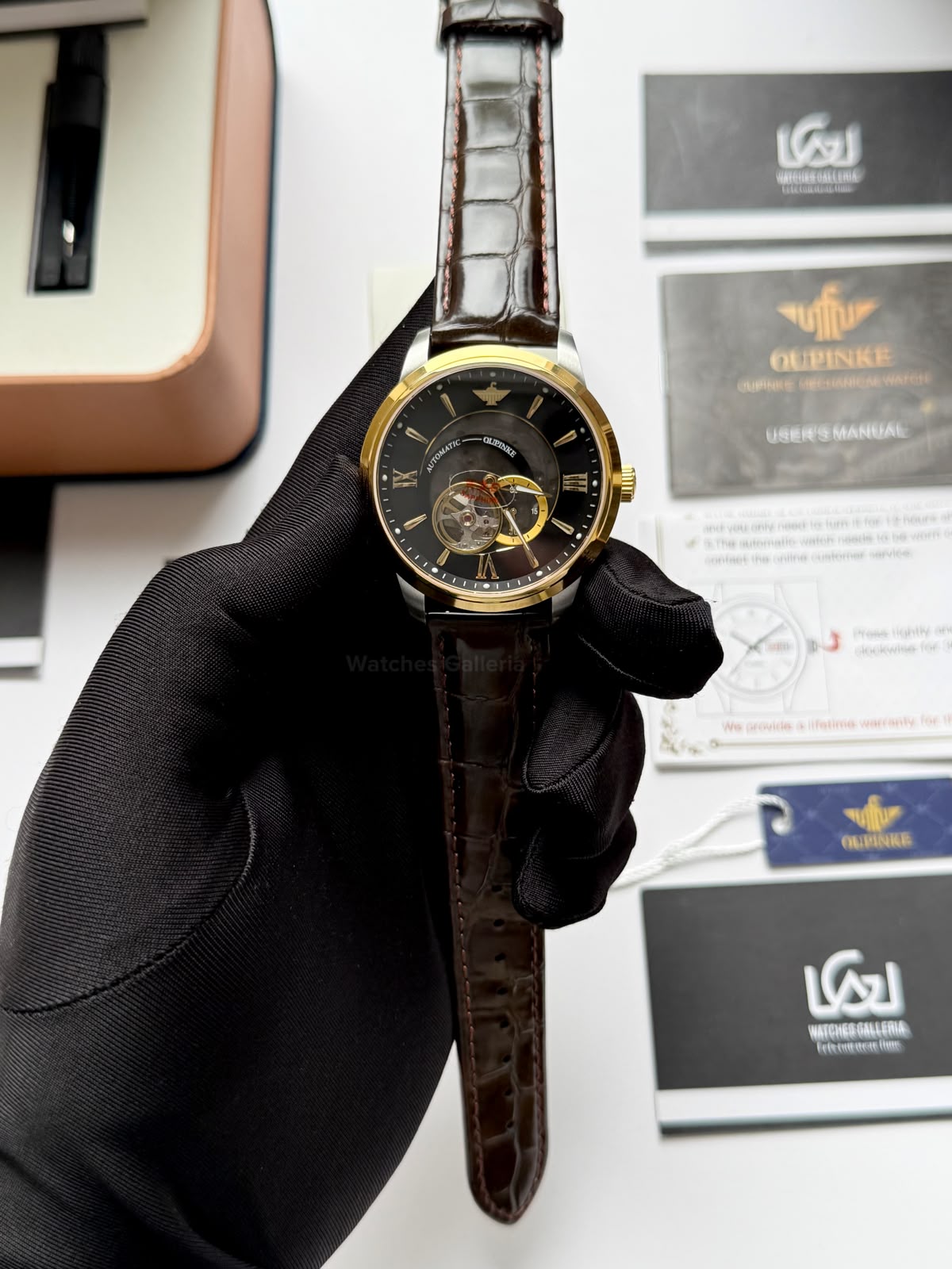 Oupinke G3190 (Brown Leather) Open Heart Automatic Watch with Miyota 8215 Japanese Movement, Sapphire Crystal, Luminous Dial & Black Leather Strap