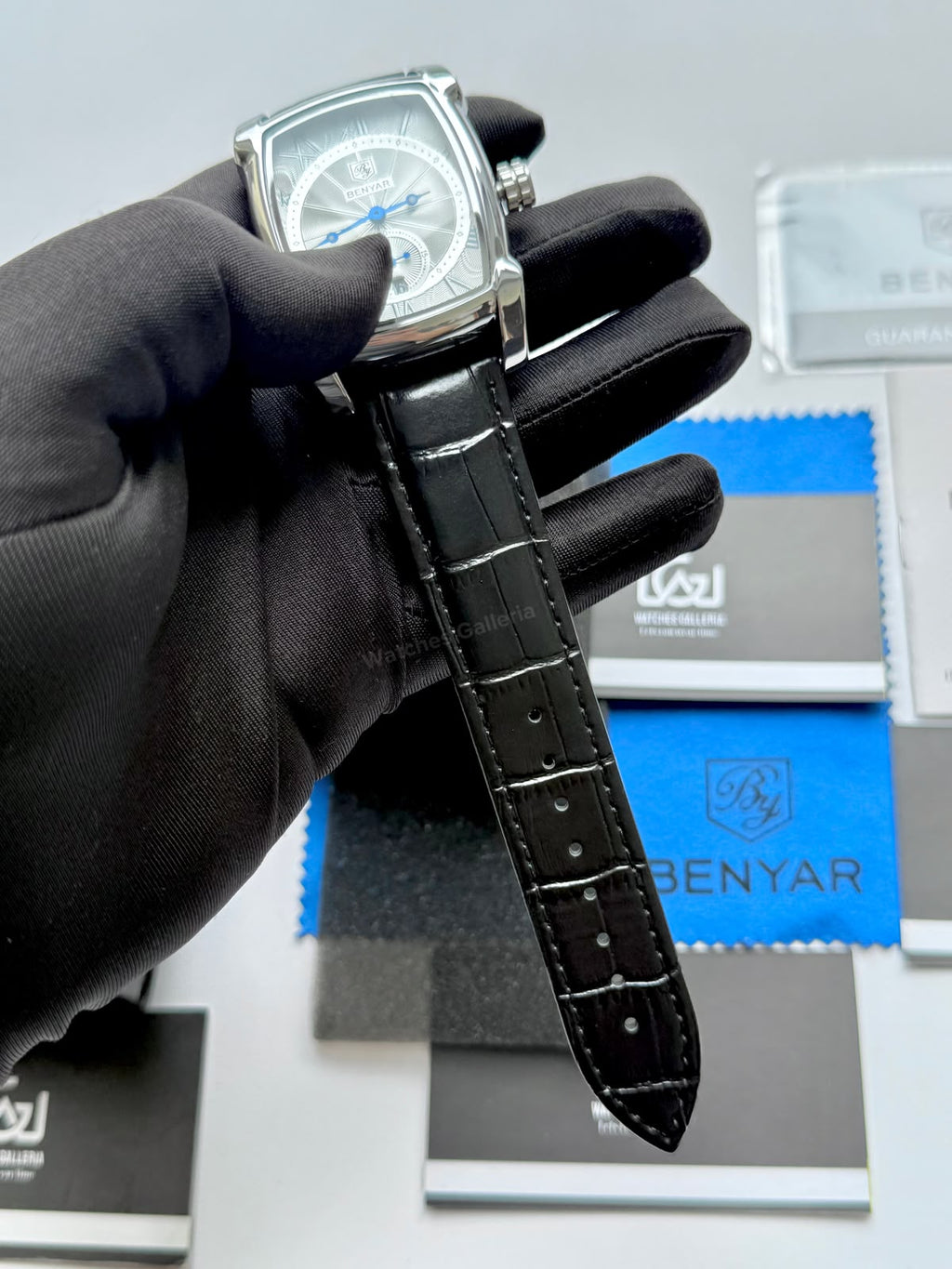 Benyar BY5114 Square Tank Watch Silver Black Roman Numeral Dial Master Lock Quartz Date Calendar Leather Strap