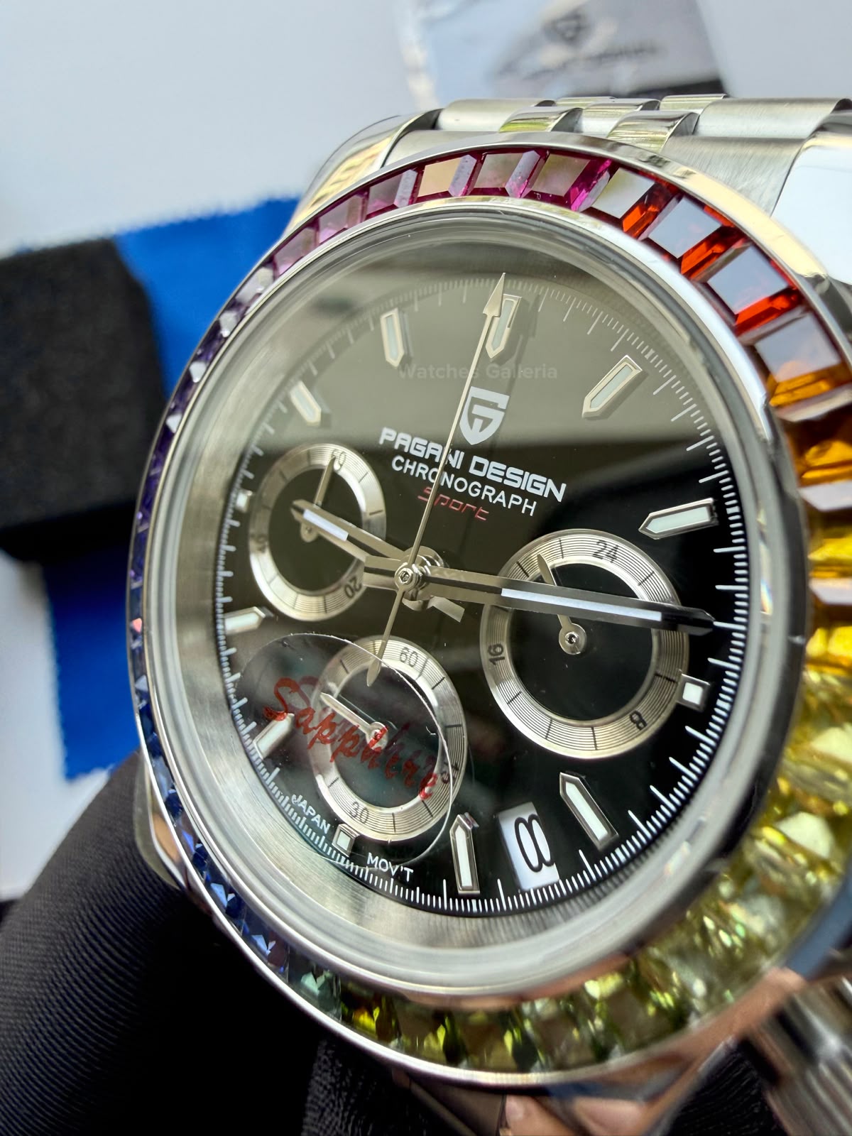 Pagani Design PD1644 Daytona Rainbow Jubilee Limited Edition Chronograph Watch PD1644LE | 40mm Sapphire Crystal, Seiko VK63 Quartz, Complete Calendar & Rainbow Stones Bezel