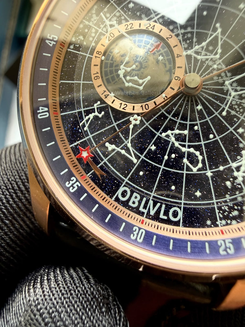 OBLVLO GC (Black Rose Gold Blue) Grand Complications Celestial Automatic Watch Brown & Black Dial with Rose Gold Details, Moving Constellation & Earth Display – OBLVLOGC