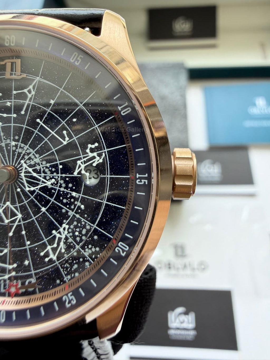 OBLVLO GC (Black Rose Gold Blue) Grand Complications Celestial Automatic Watch Brown & Black Dial with Rose Gold Details, Moving Constellation & Earth Display – OBLVLOGC