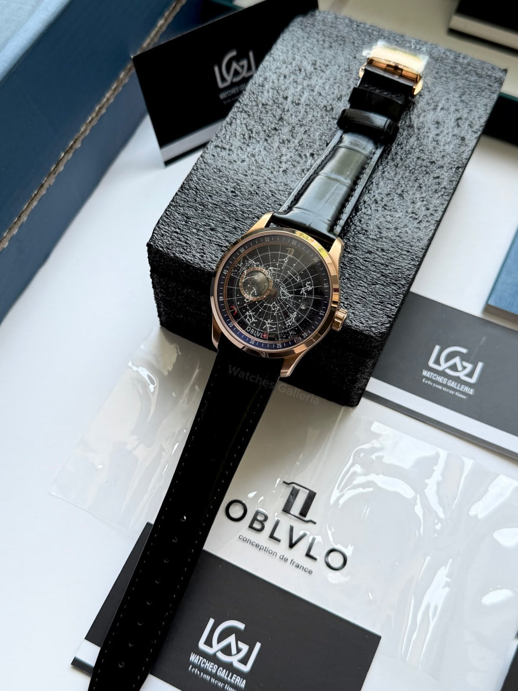 OBLVLO GC (Black Rose Gold Blue) Grand Complications Celestial Automatic Watch Brown & Black Dial with Rose Gold Details, Moving Constellation & Earth Display – OBLVLOGC