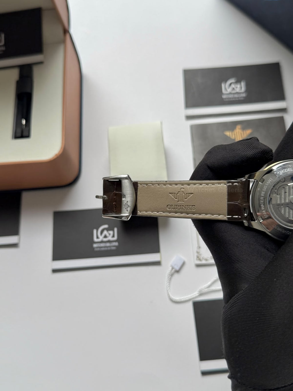 Oupinke G3190 (Brown Leather) Open Heart Automatic Watch with Miyota 8215 Japanese Movement, Sapphire Crystal, Luminous Dial & Black Leather Strap
