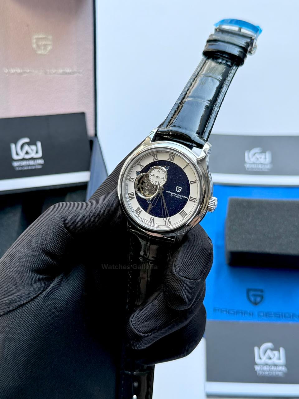 Pagani Design PDys015 Stardust Open Heart Automatic Watch – 41mm NH39A, Sapphire Crystal, 100M Water Resistant, Open Heart Skeleton Dial (Black/Blue)