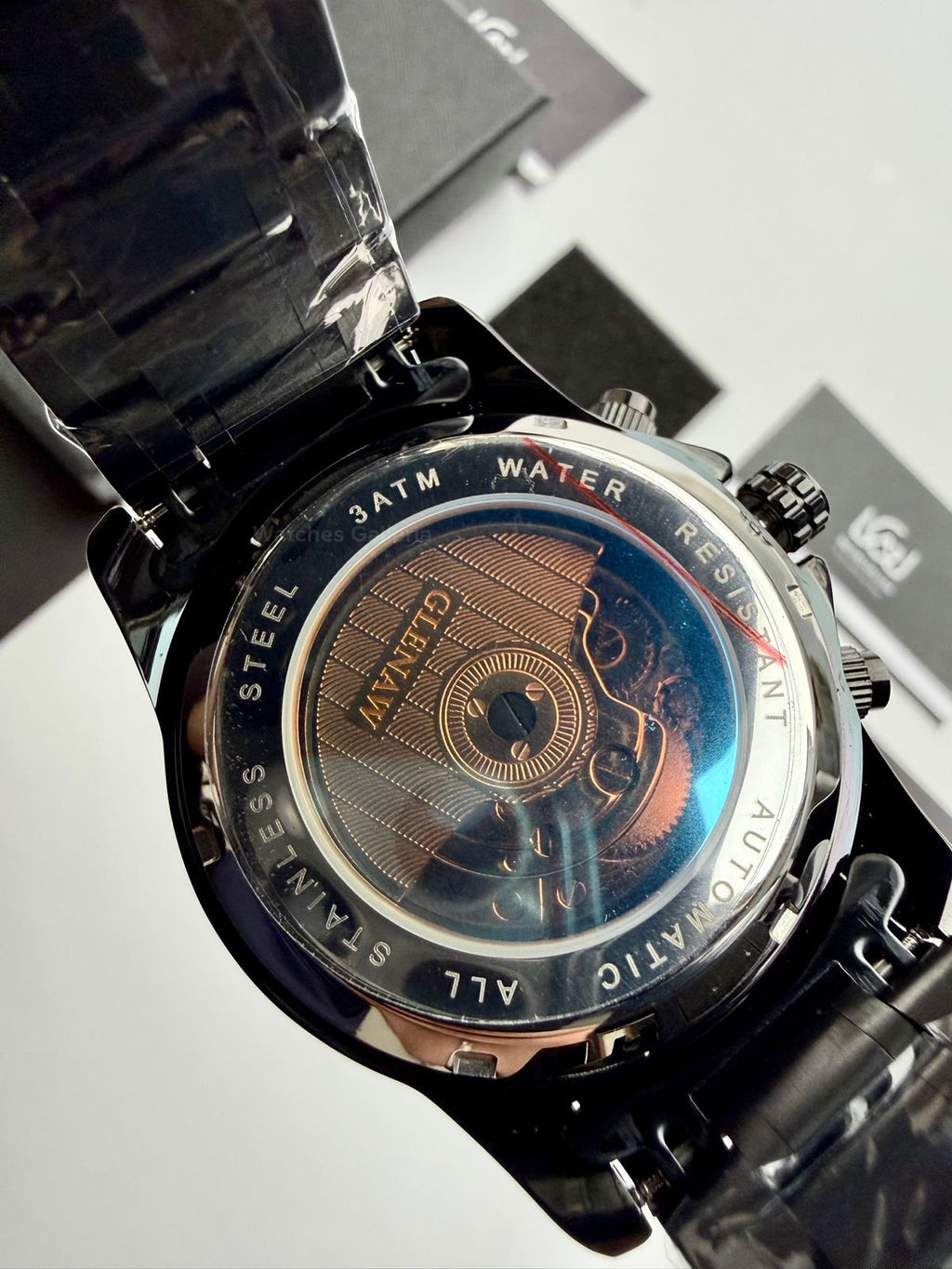Glenaw GL8919B Moonphase Flywheel Automatic Watch – Black Blue Dial | Luxury Automatic Wristwatch for Men | Glenaw Watches Pakistan