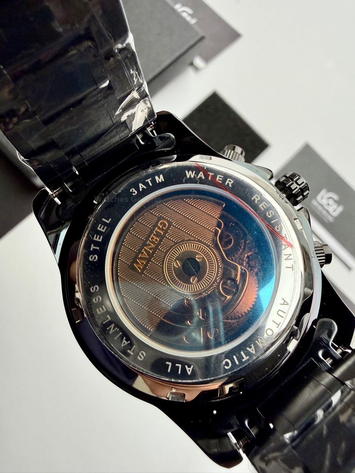 Glenaw GL8919B Moonphase Flywheel Automatic Watch – Black Blue Dial | Luxury Automatic Wristwatch for Men | Glenaw Watches Pakistan