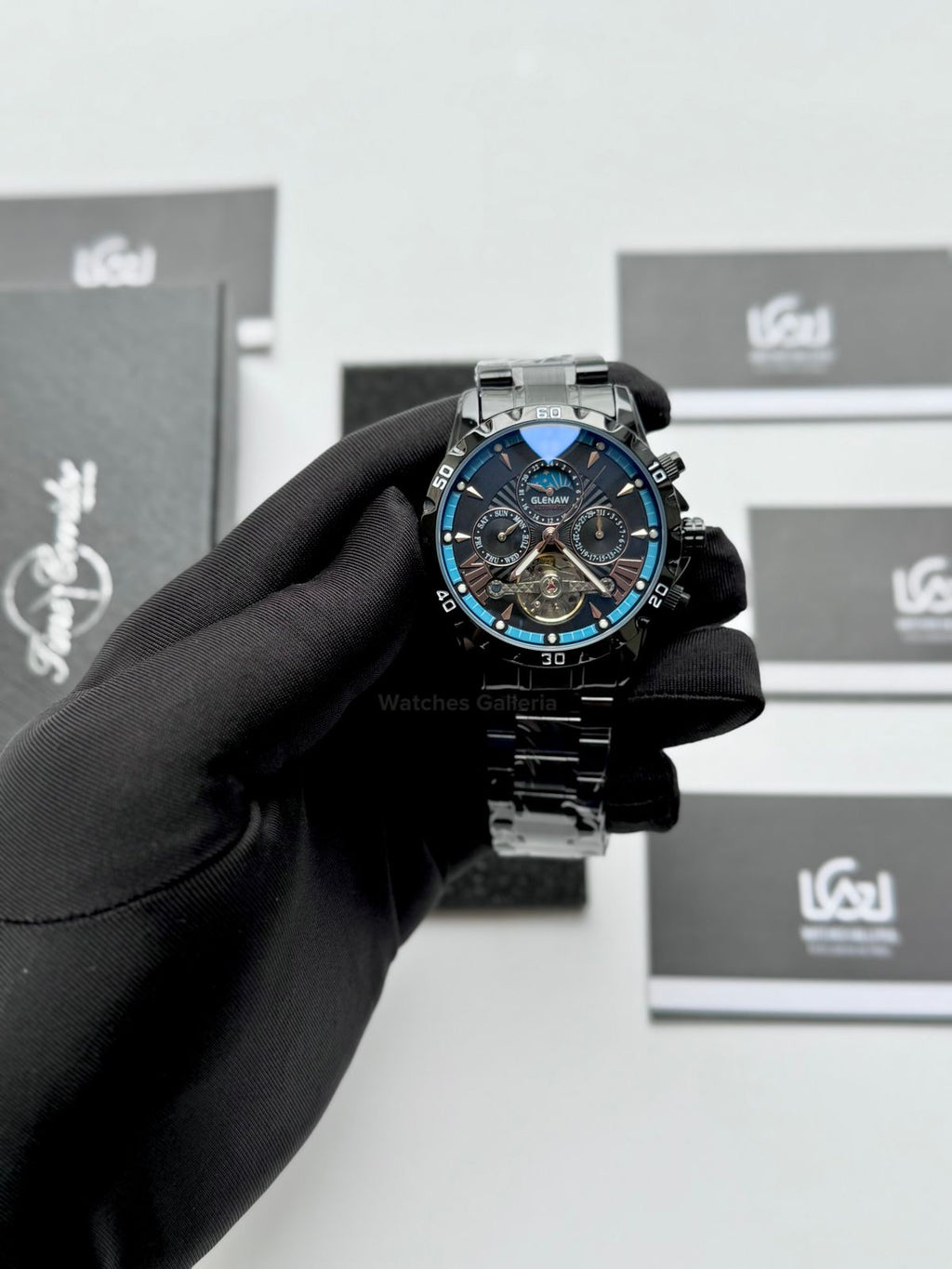 Glenaw GL8919B Moonphase Flywheel Automatic Watch – Black Blue Dial | Luxury Automatic Wristwatch for Men | Glenaw Watches in Pakistan