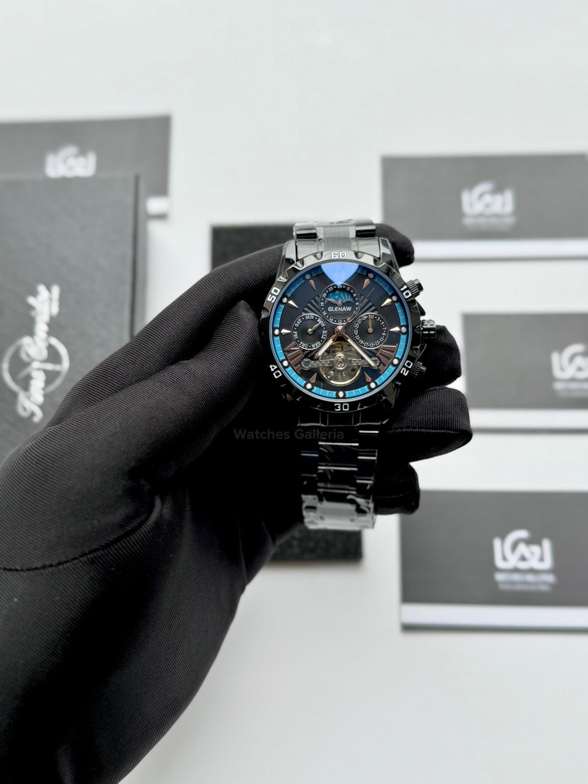 Glenaw GL8919B Moonphase Flywheel Automatic Watch – Black Blue Dial | Luxury Automatic Wristwatch for Men | Glenaw Watches in Pakistan
