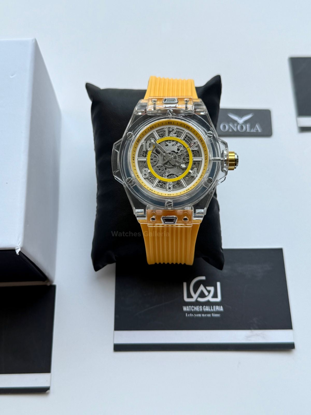 Onola ON3836 Oak Skeleton Yellow Automatic Watch – 49mm Transparent Dial, Bold Sport Design, Pakistan Edition