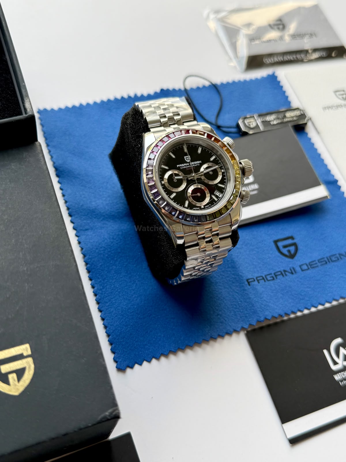 Pagani Design PD1644 Daytona Rainbow Jubilee Limited Edition Chronograph Watch PD1644LE | 40mm Sapphire Crystal, Seiko VK63 Quartz, Complete Calendar & Rainbow Stones Bezel
