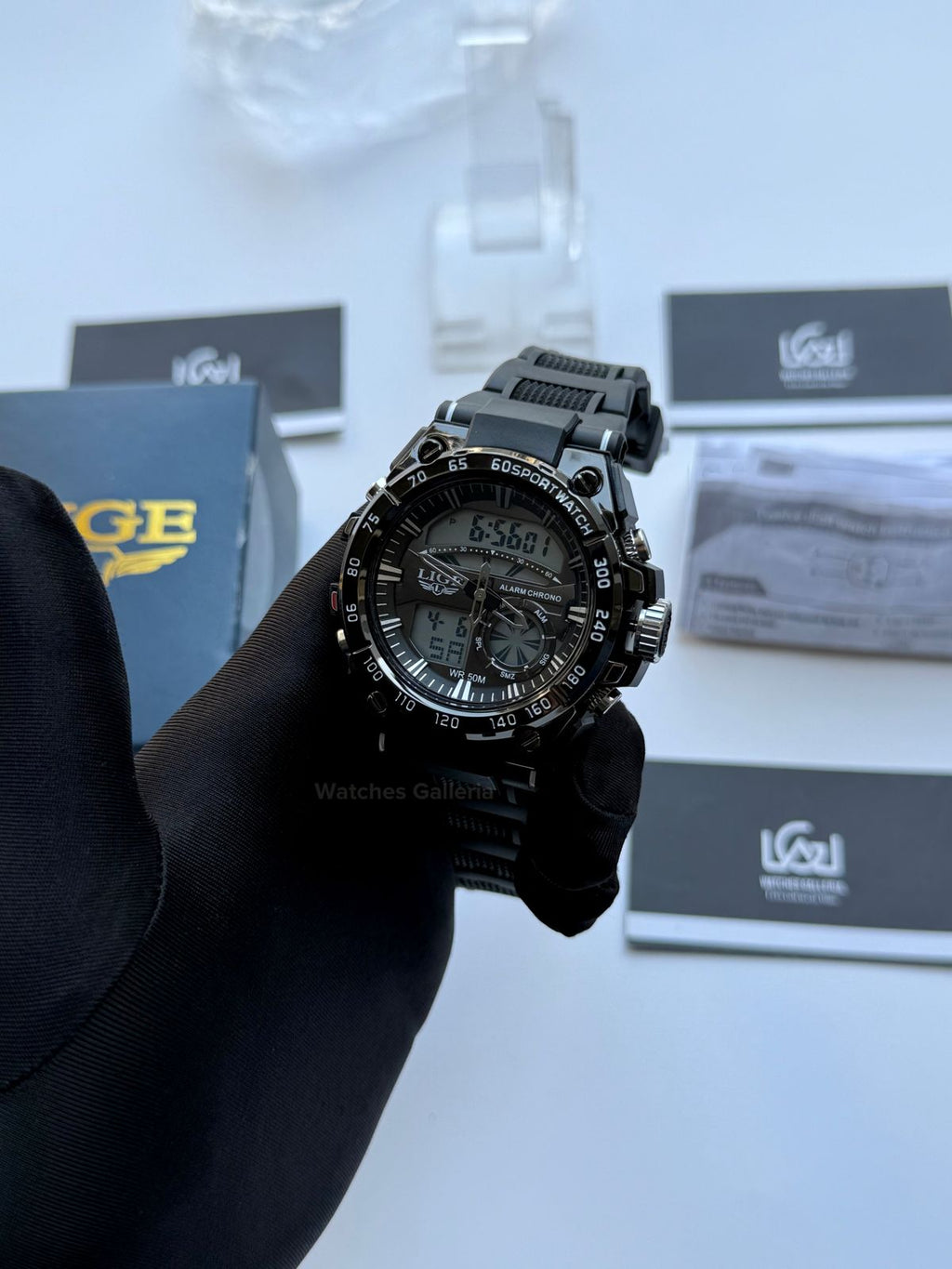 Lige 8922 Sports Watch Black 45mm Dual Display Analog Digital LED Alarm Waterproof 50M Silicone Strap Men’s Watch