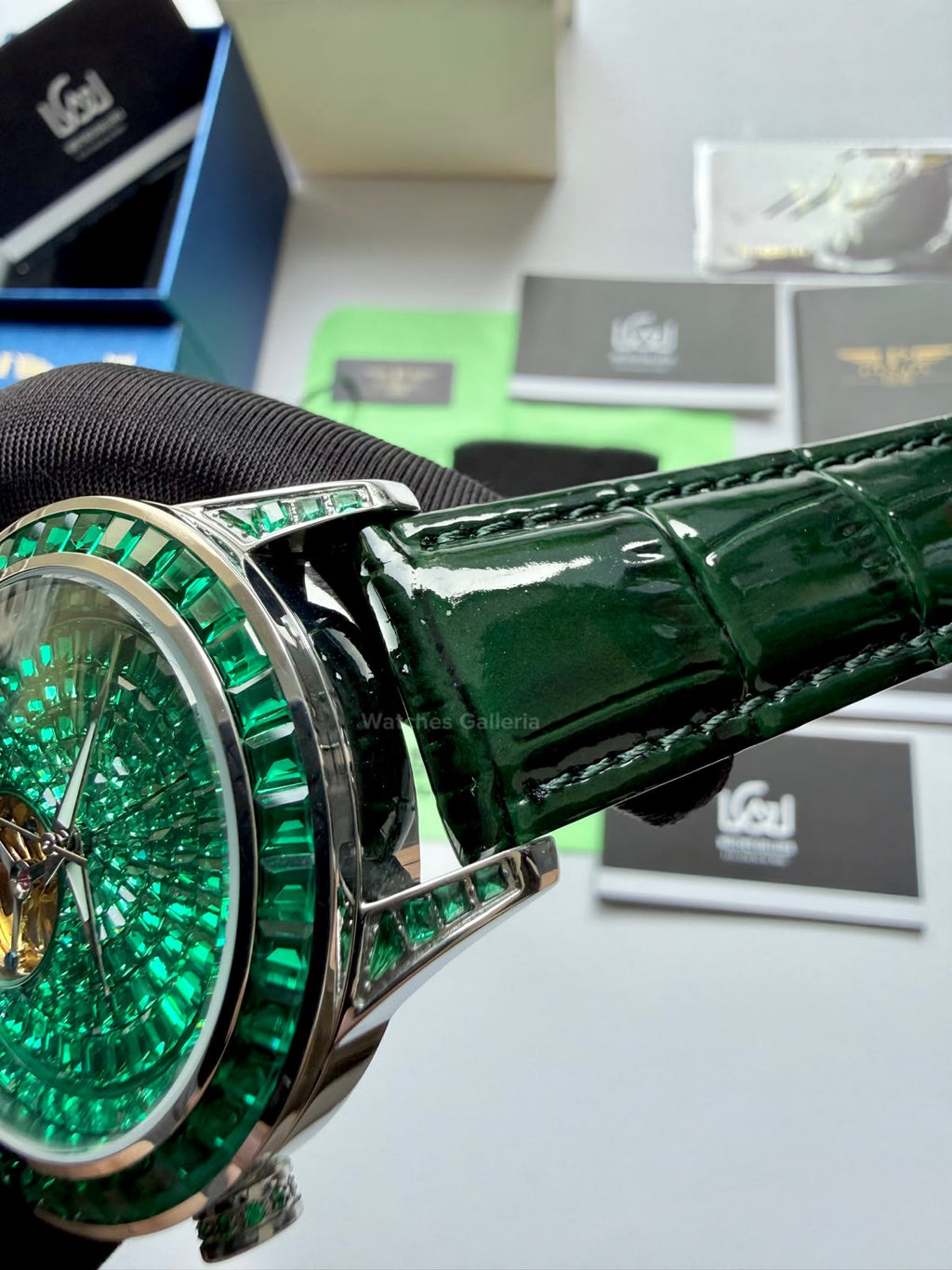 Pindu 5037 Green Diamonds Hand Encrusted Diamond Automatic Tourbillon Watch for Men | Luxury Mechanical Watch | 43mm Stainless Steel Case