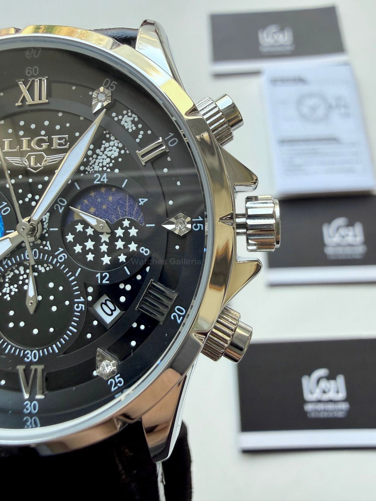 Lige Watch LG89107 Moonphase Chronograph (Black/Silver) Lige Watch in Pakistan