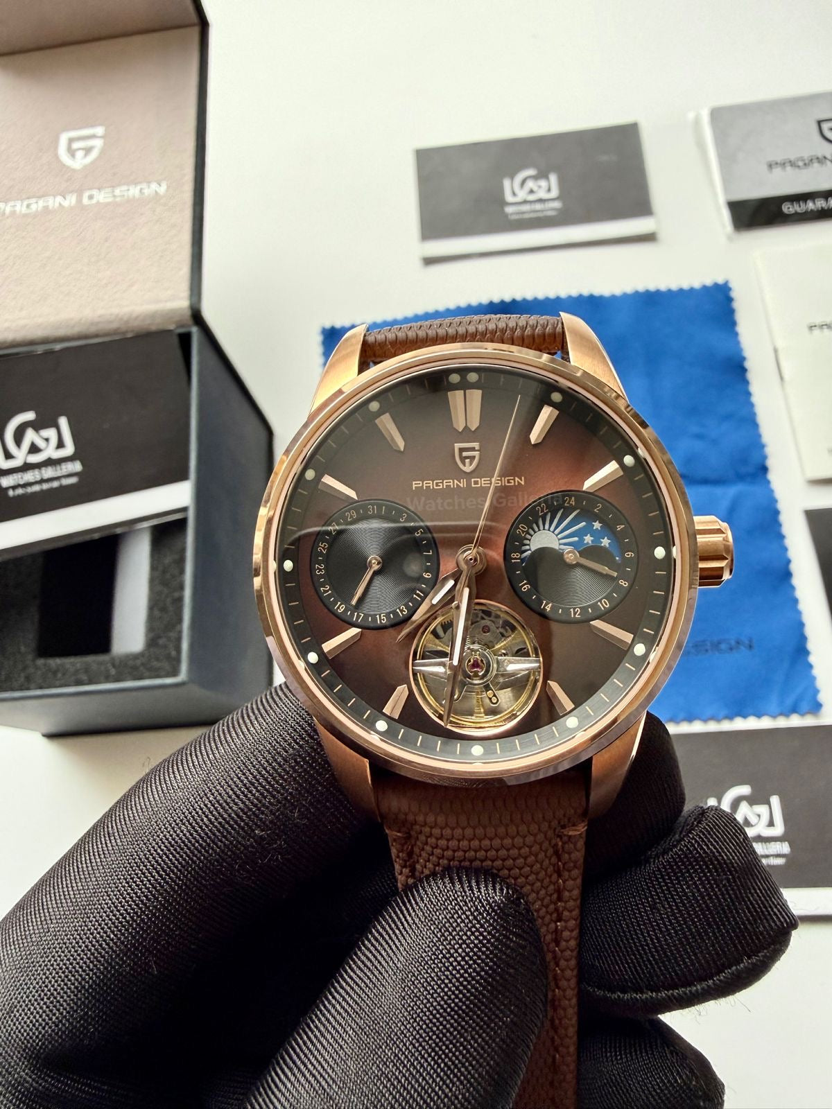 Pagani Design PDys021 Moonphase Flywheel Automatic Latest Watch (Brown/Rose Gold) PD-YS021 Pagani Design in Pakistan