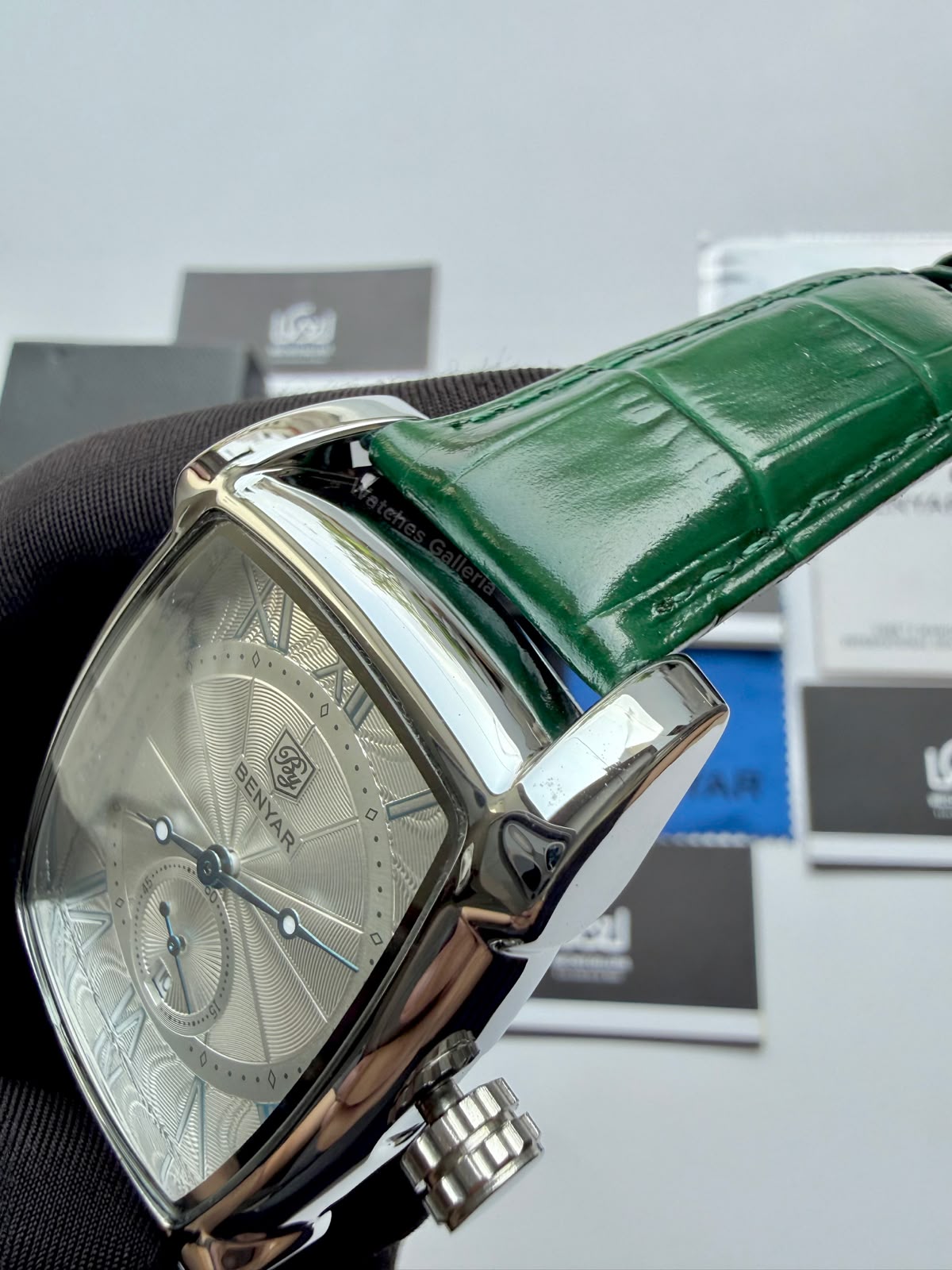 Benyar BY5114 Square Tank Watch | Green Silver White | Roman Numeral Dial Master Lock Quartz Date Calendar Leather Strap