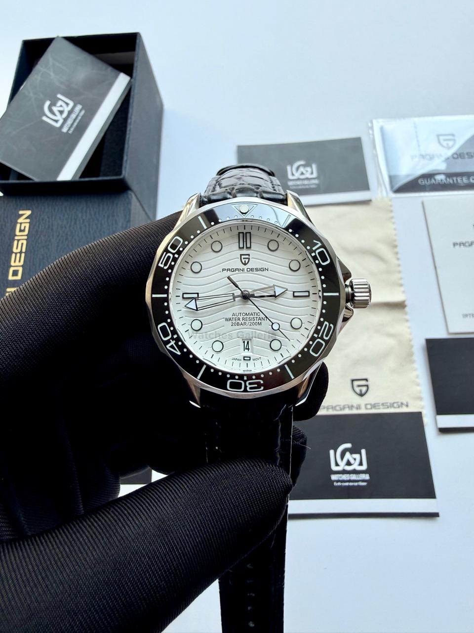 Pagani Design PD1685 Black Leather Strap Seamaster Diver White Automatic Watch – 200M Sapphire Crystal NH35A/Miyota Luxury Dive Watch in Pakistan | Watches Galleria