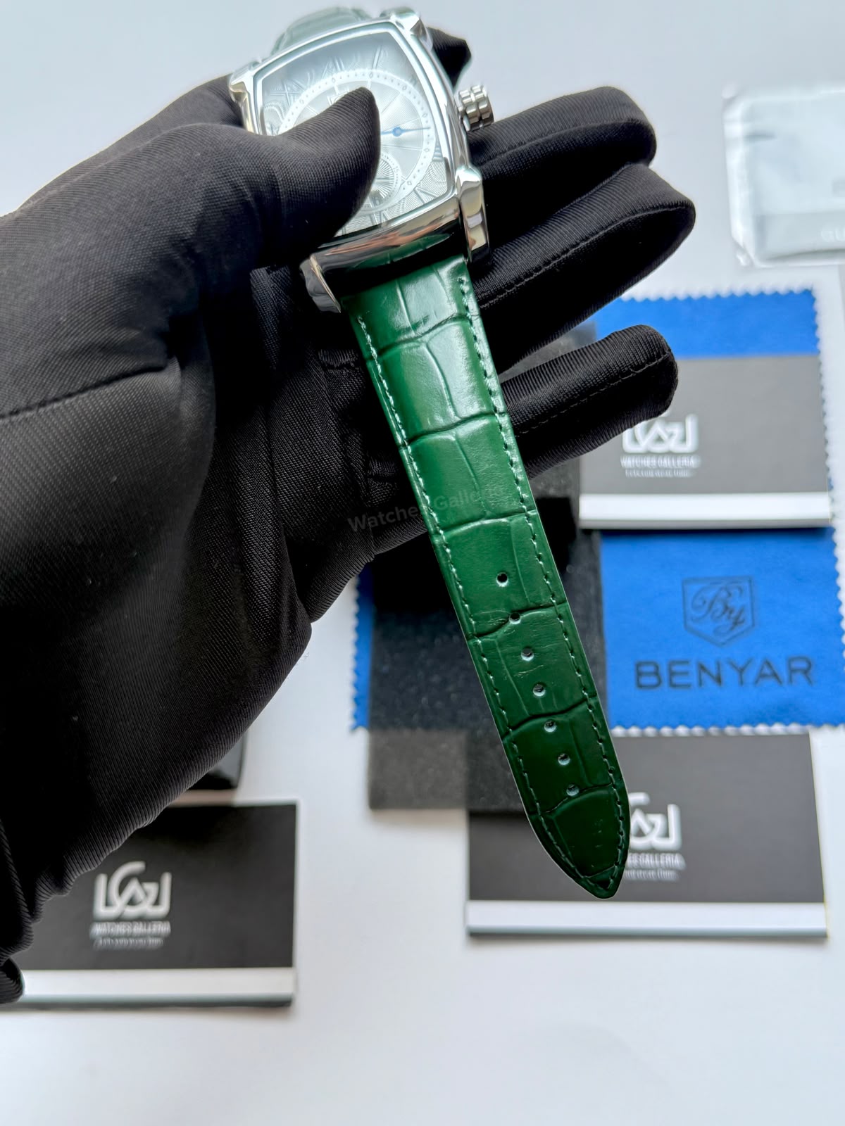 Benyar BY5114 Square Tank Watch | Green Silver White | Roman Numeral Dial Master Lock Quartz Date Calendar Leather Strap