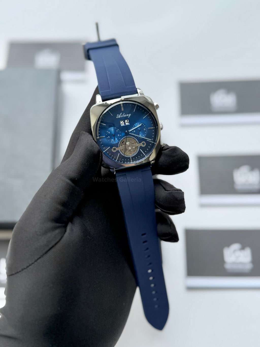 Ailang AI8655G Square Chronograph Automatic Watch Black Blue – Skeleton Flywheel, Big Date, Luxury Square Dial Men’s Watch