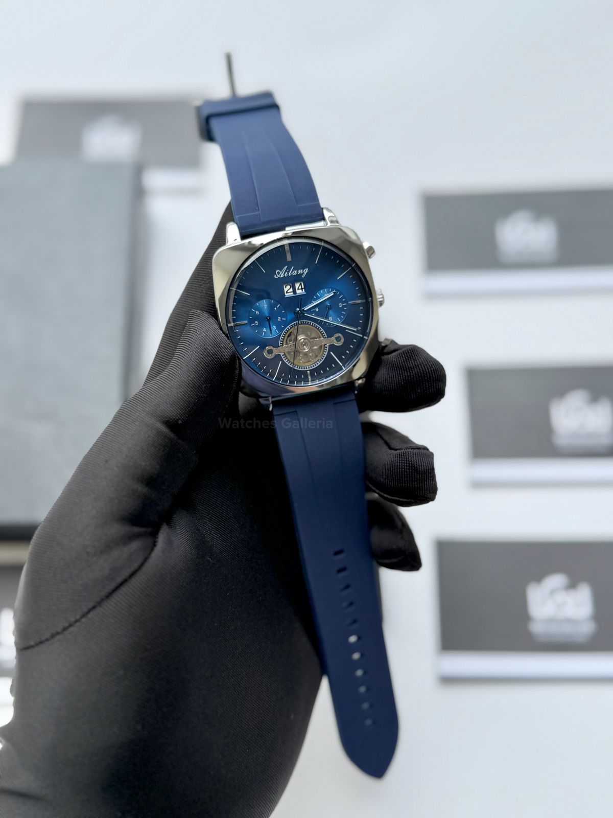 Ailang AI8655G Square Chronograph Automatic Watch Black Blue – Skeleton Flywheel, Big Date, Luxury Square Dial Men’s Watch