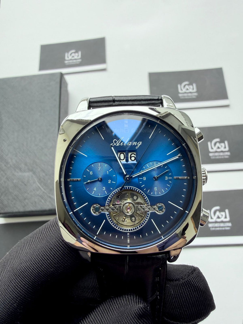 Ailang AI8655G Square Chronograph Automatic Watch Black Blue – Skeleton Flywheel, Big Date, Luxury Square Dial Men’s Watch