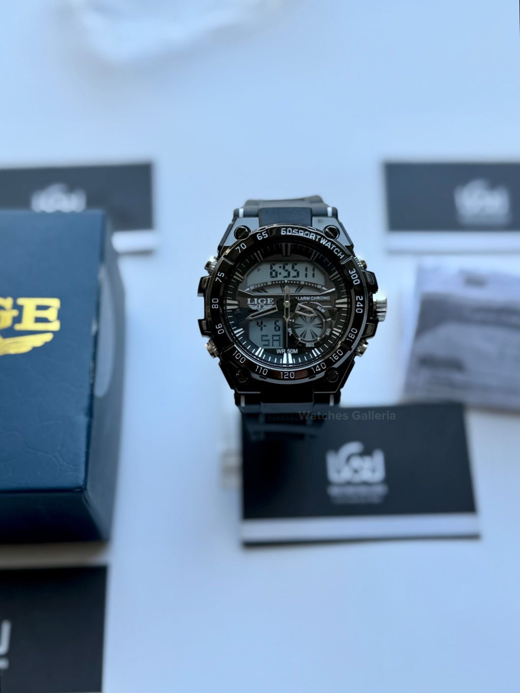 Lige 8922 Sports Watch Black 45mm Dual Display Analog Digital LED Alarm Waterproof 50M Silicone Strap Men’s Watch