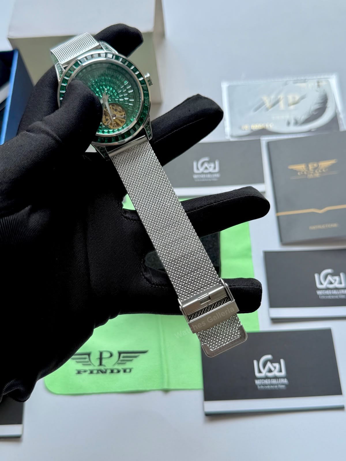 Pindu 5037 Green/Mesh Strap LeatherDiamonds Hand Encrusted Diamond Automatic Tourbillon Watch for Men | Luxury Mechanical Watch | 43mm Stainless Steel Case