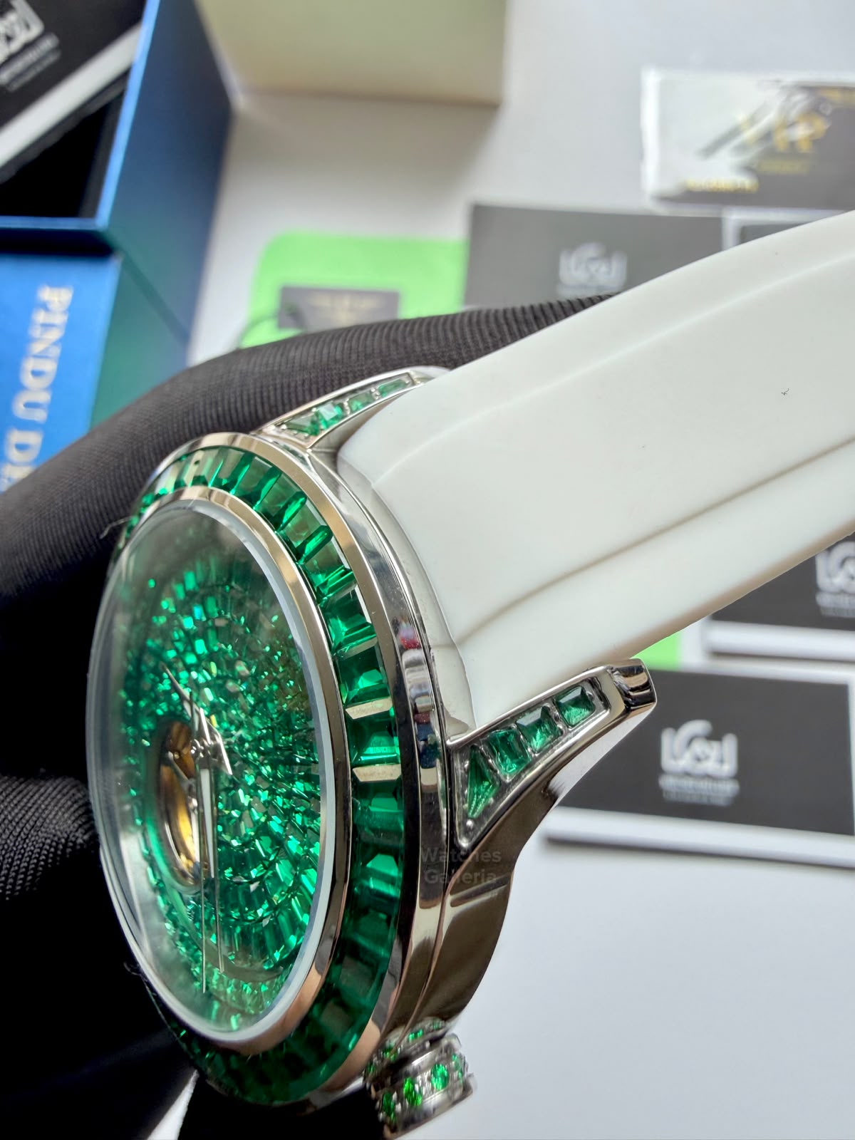 Pindu 5037 White/Green Diamonds Hand Encrusted Diamond Automatic Tourbillon Watch for Men | Luxury Mechanical Watch | 43mm Stainless Steel Case