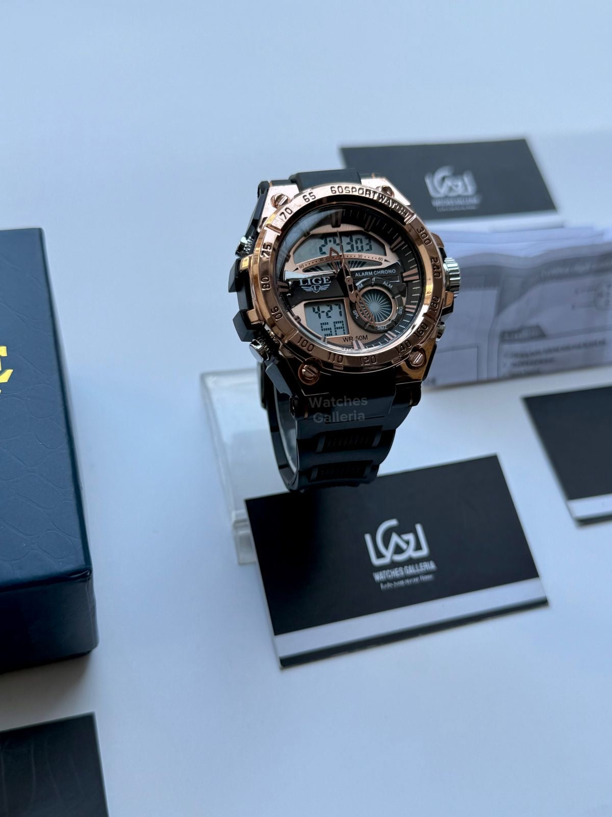 Lige 8922 Sports Watch Rose Gold Black 45mm Dual Display Analog Digital LED Alarm Waterproof 50M Silicone Strap Men’s Watch
